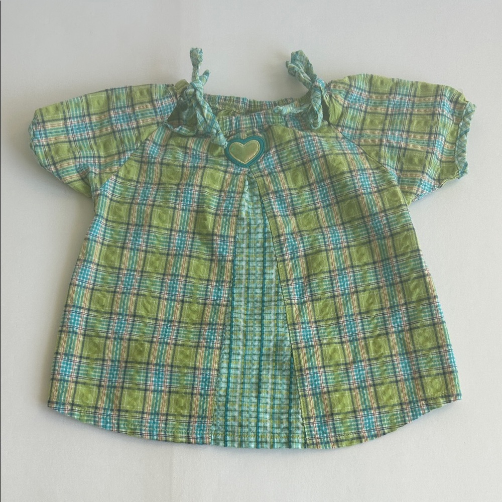 Vintage Hearts & Flowers Plaid Seersucker Short Sleeve Top in Size 24 Months